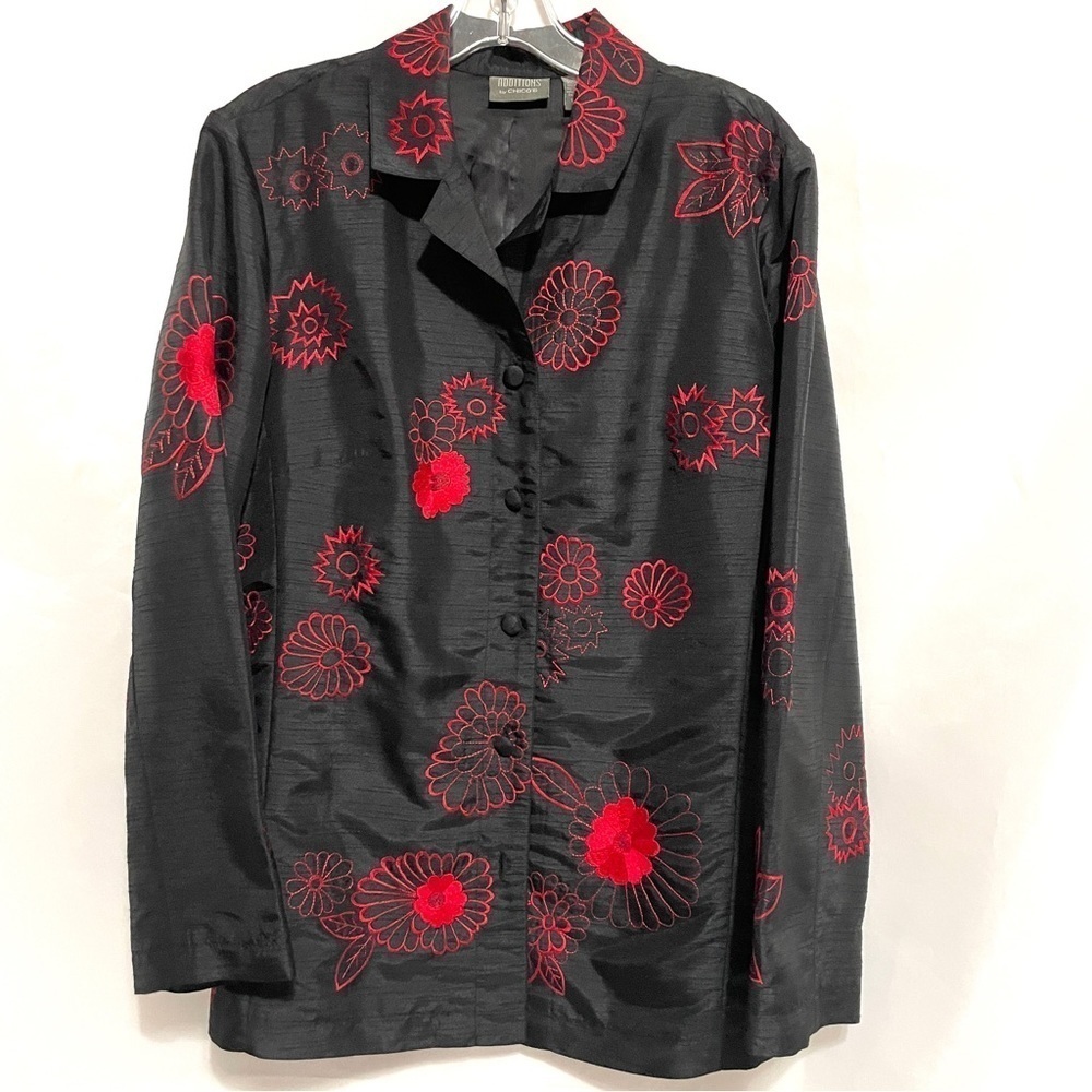 Chico’s jacket, size 2, black with red embroidery